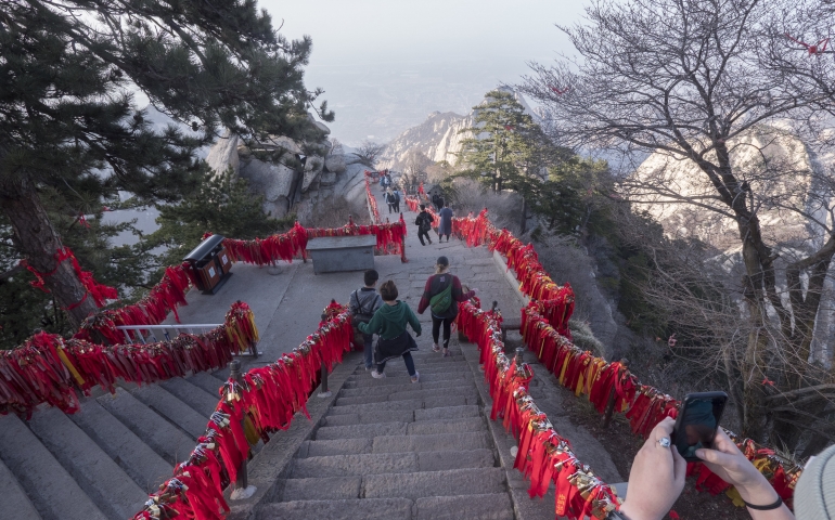 students descending staircase