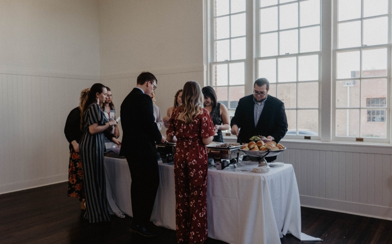 people in line for food