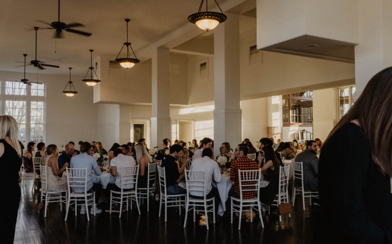 shot of everyone sitting and eating