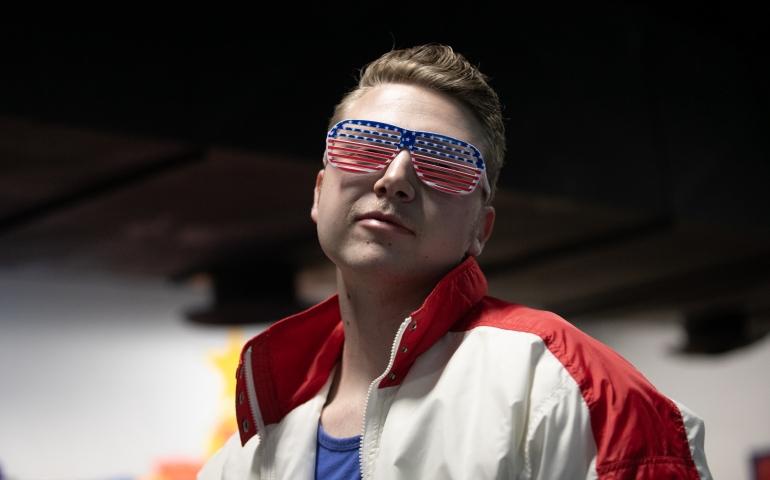 One student dramatically looking into the camera at Roller Rag