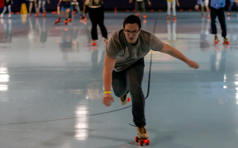 One student skating aggressively at Roller Rag