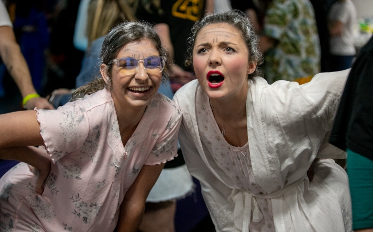 two students dressed up like old women at Roller Rag
